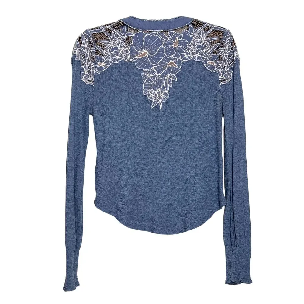 Free People Easy Breezy Blue Thermal Henley Top Small Long Sleeve Boho Shirt